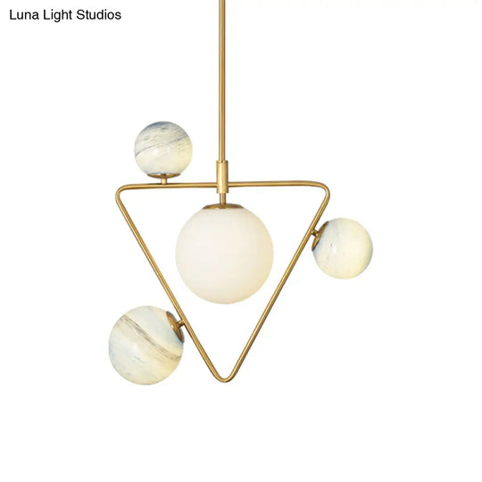 Mid Century Gold Pendant Chandelier With Triangle Iron Frame And Orb Colored Glass Shade