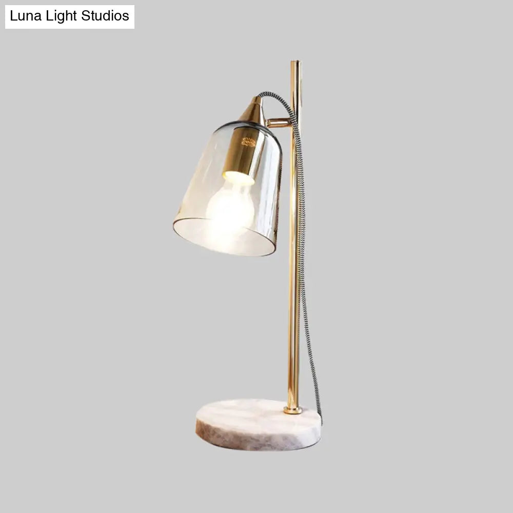 Mid-Century Gold Table Light With Transparent Glass Shade Single Night Lamp On Marble Pedestal