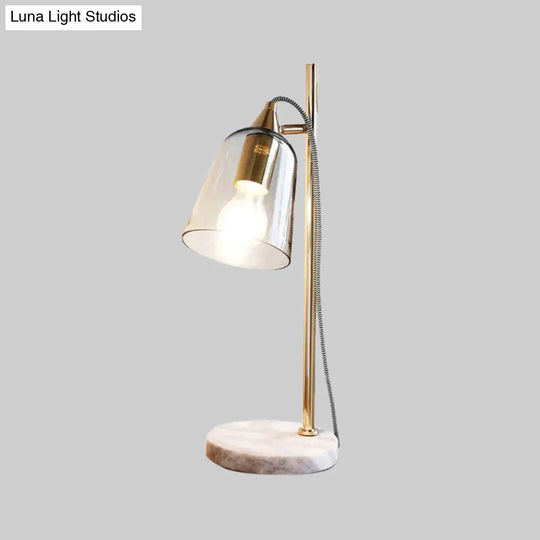 Mid-Century Gold Table Light With Transparent Glass Shade Single Night Lamp On Marble Pedestal