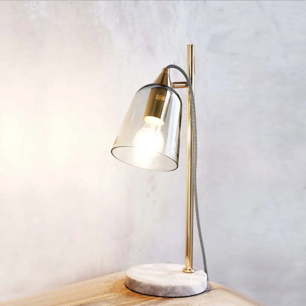 Mid-Century Gold Table Light With Transparent Glass Shade Single Night Lamp On Marble Pedestal