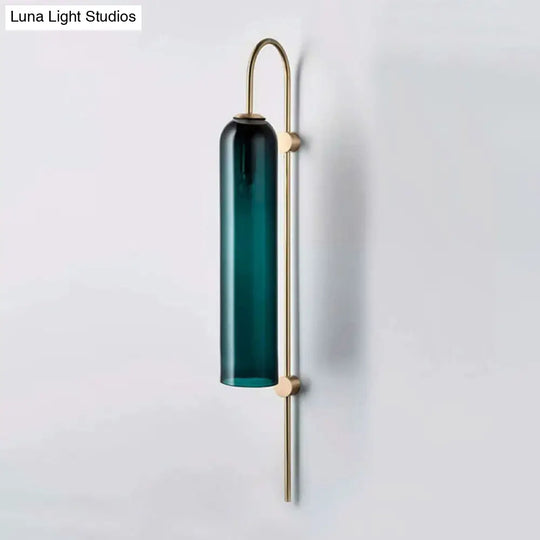 Mid Century Gooseneck Wall Sconce Brass Finish With Blue Glass Shade