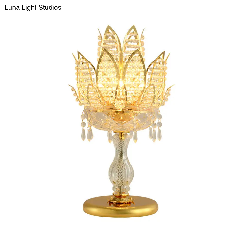 Mid-Century Lotus Crystal Table Lamp With Gold Base - Clear Bulb Light For Bedroom Nightstand