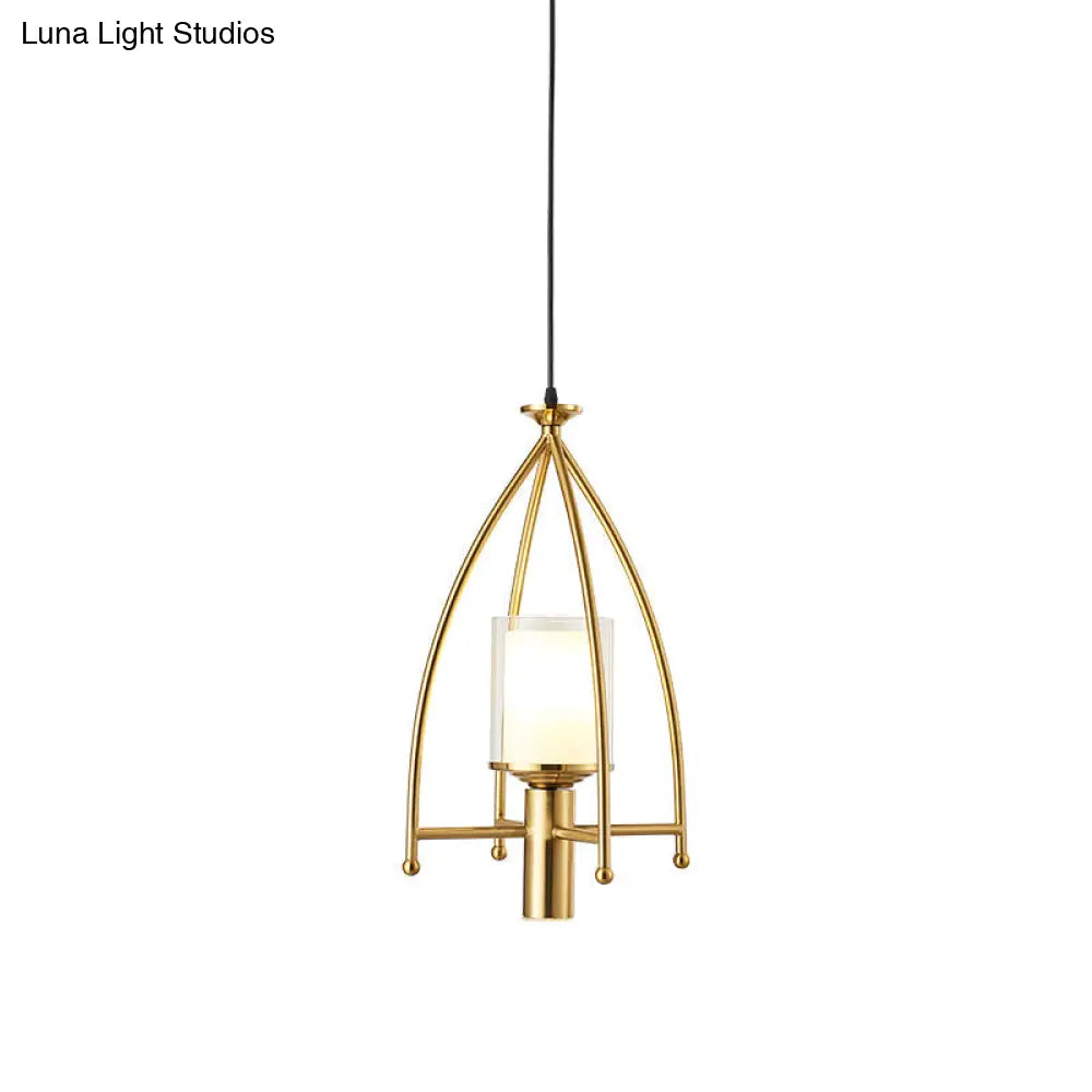 Mid Century Matte Glass Dual Shade Cylinder Pendant With Gold Cage Guard - 1-Light Hanging Light