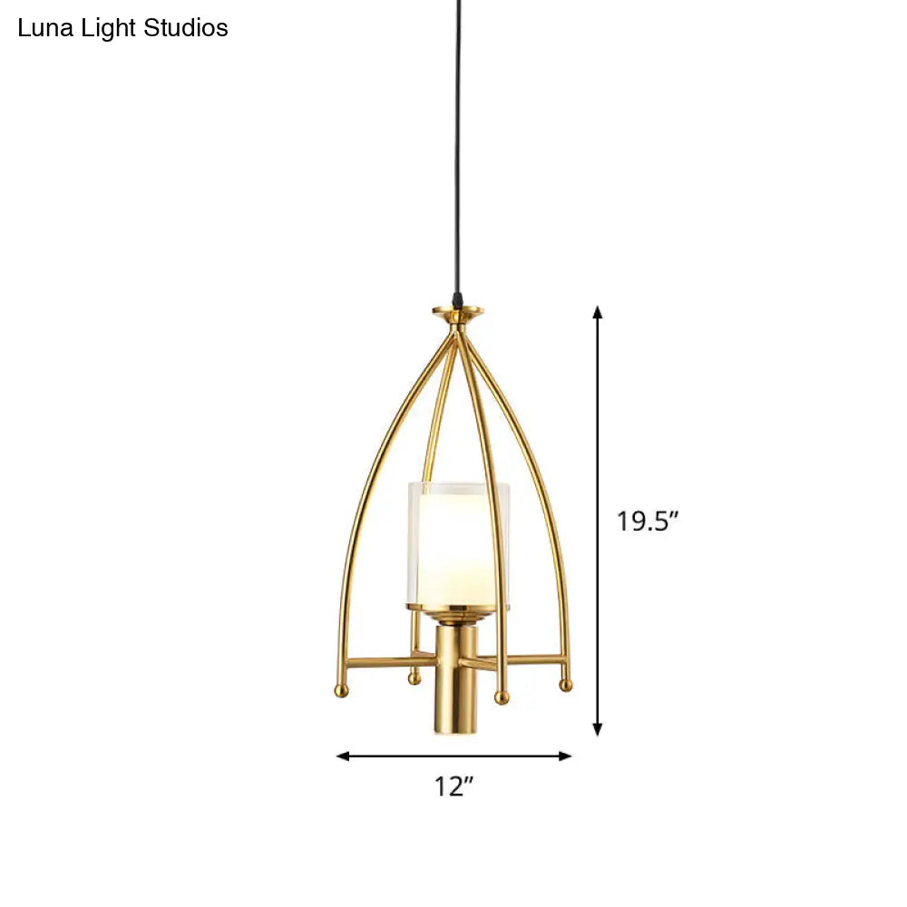 Mid Century Matte Glass Dual Shade Cylinder Pendant With Gold Cage Guard - 1-Light Hanging Light