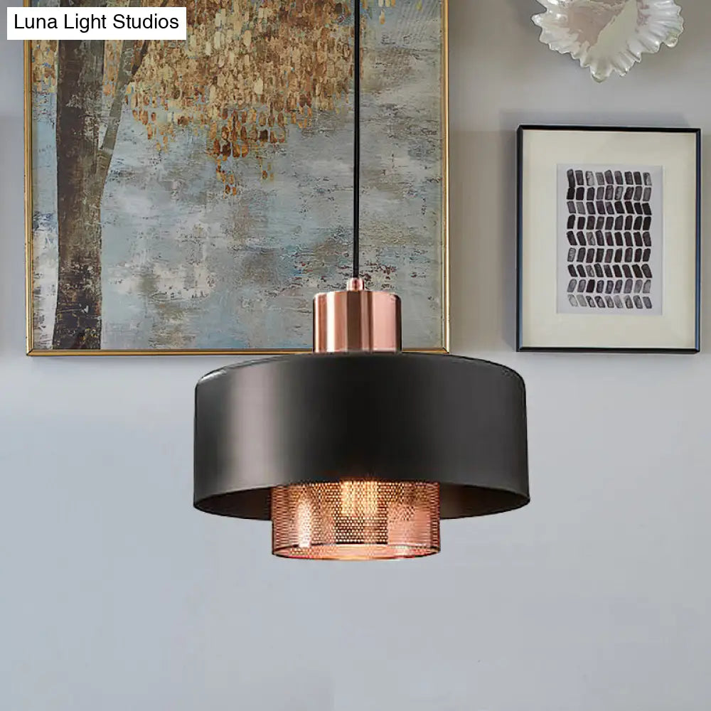 Mid-Century Metal Dual Lid Shade Pendant Light - Black And Rose Gold Finish With Netting Screen