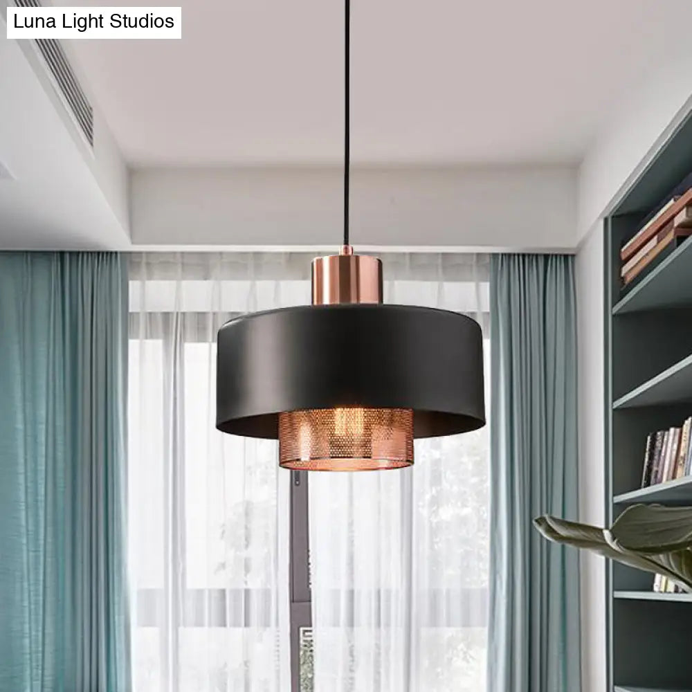 Mid-Century Metal Dual Lid Shade Pendant Light - Black And Rose Gold Finish With Netting Screen