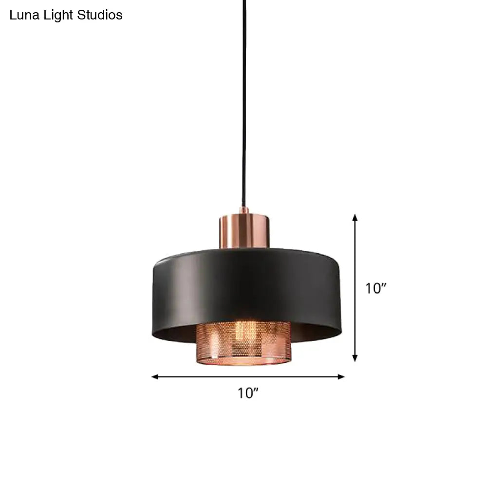 Mid-Century Metal Pendulum Light With Dual Lid Netting Screen And Black/Rose Gold Finish