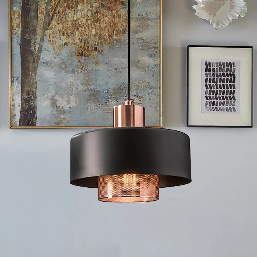 Mid-Century Metal Pendulum Light With Dual Lid Netting Screen And Black/Rose Gold Finish Black