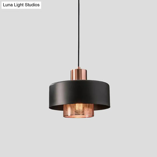 Mid-Century Metal Pendulum Light With Dual Lid Netting Screen And Black/Rose Gold Finish
