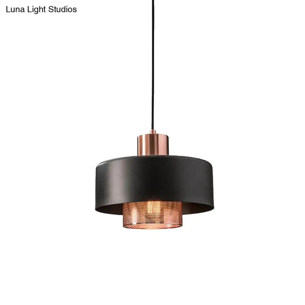 Mid-Century Metal Pendulum Light With Dual Lid Netting Screen And Black/Rose Gold Finish