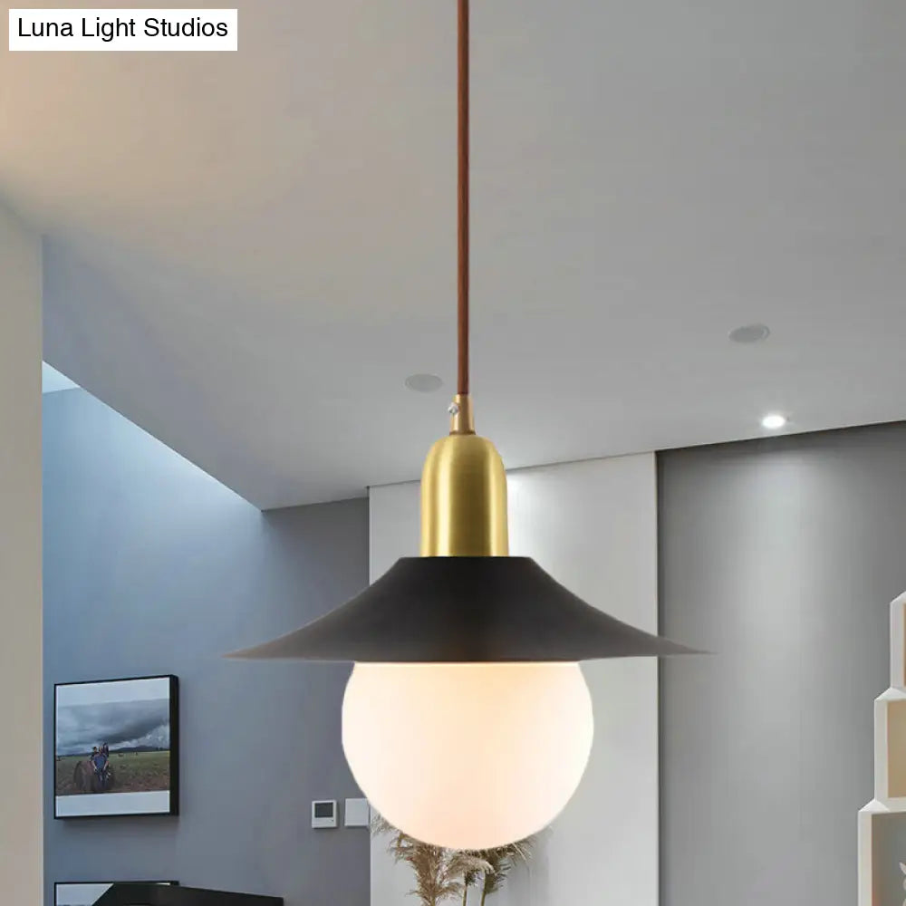 Milk Glass Pendant Lighting - Flared Shade Mid-Century Indoor Hanging Light In Gold/Black/Blue