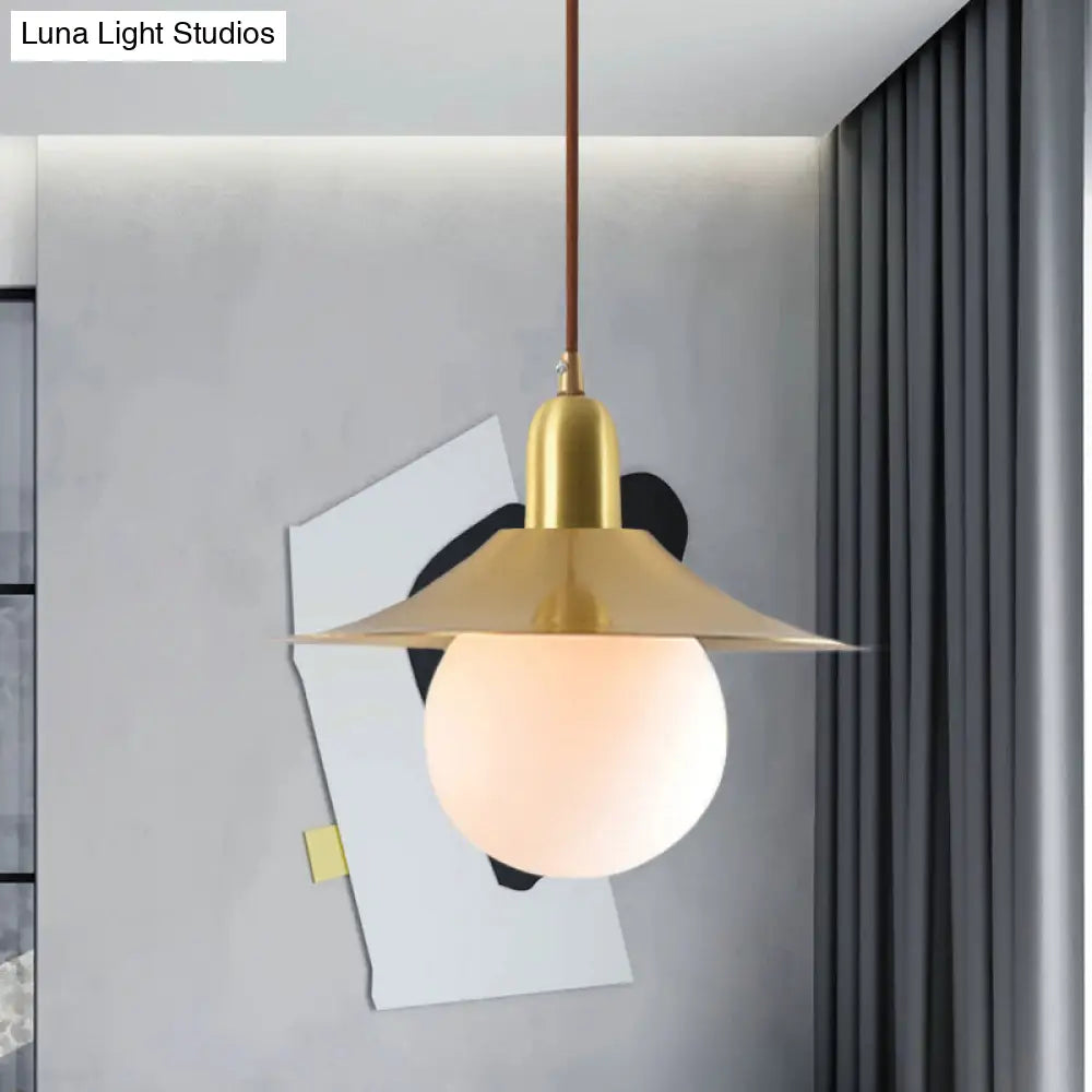 Milk Glass Pendant Lighting - Flared Shade Mid-Century Indoor Hanging Light In Gold/Black/Blue