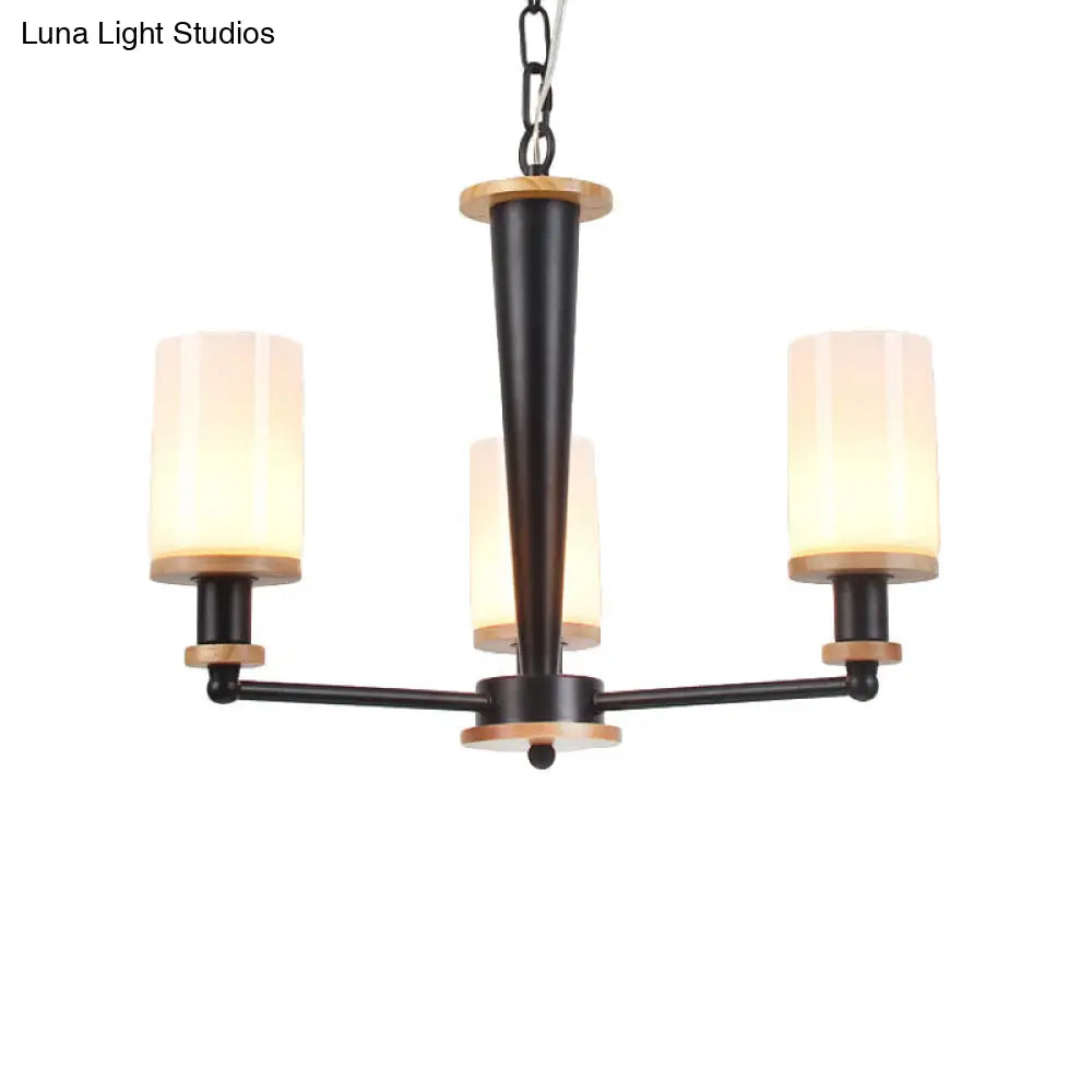 Mid-Century Opal Frosted Glass Chandelier With 3 Lights - Black