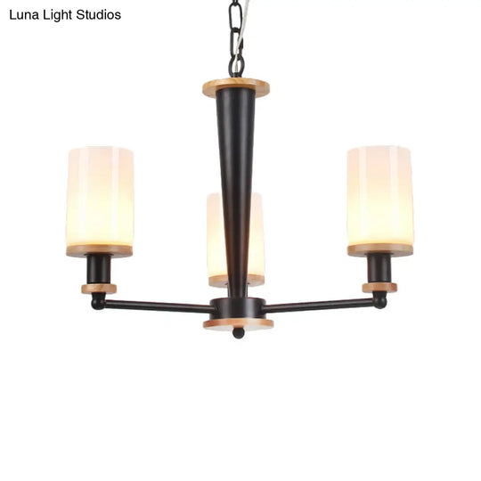 Mid-Century Opal Frosted Glass Chandelier - 3-Light Pendant Ceiling Light In Black