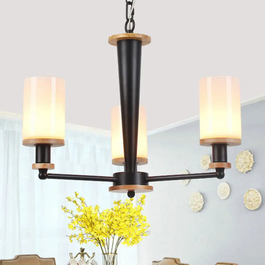 Mid-Century Opal Frosted Glass Chandelier - 3-Light Pendant Ceiling Light In Black