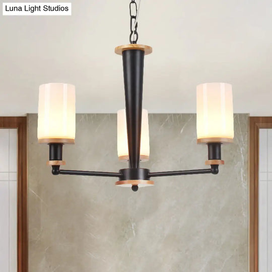 Mid-Century Opal Frosted Glass Chandelier - 3-Light Pendant Ceiling Light In Black