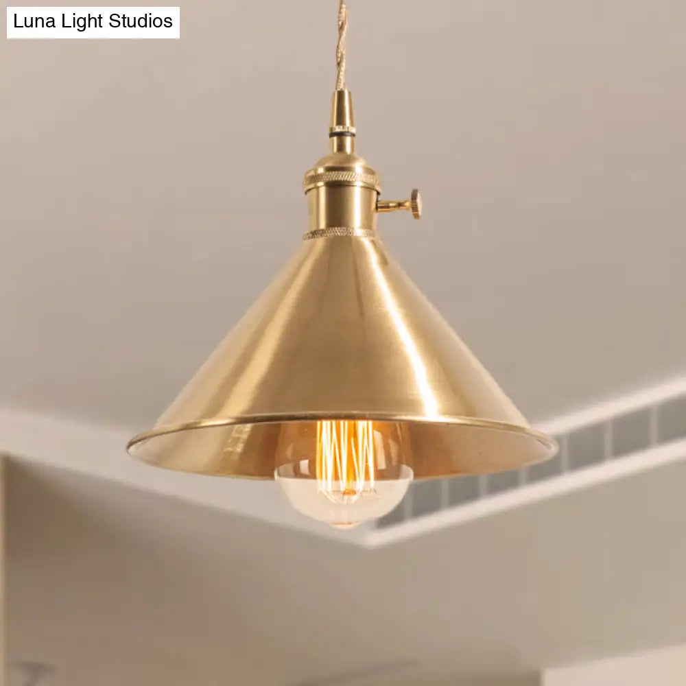 Mid Century Pendant Light With Metallic Brass Finish And Tapered Shade