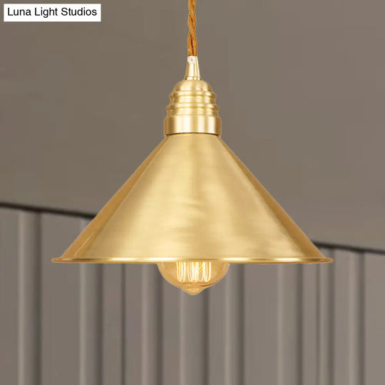 Mid Century Pendant Light With Metallic Brass Finish And Tapered Shade / D