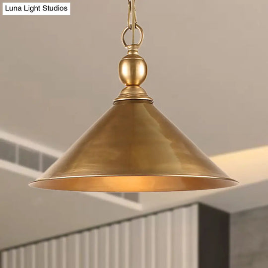Mid Century Pendant Light With Metallic Brass Finish And Tapered Shade / C