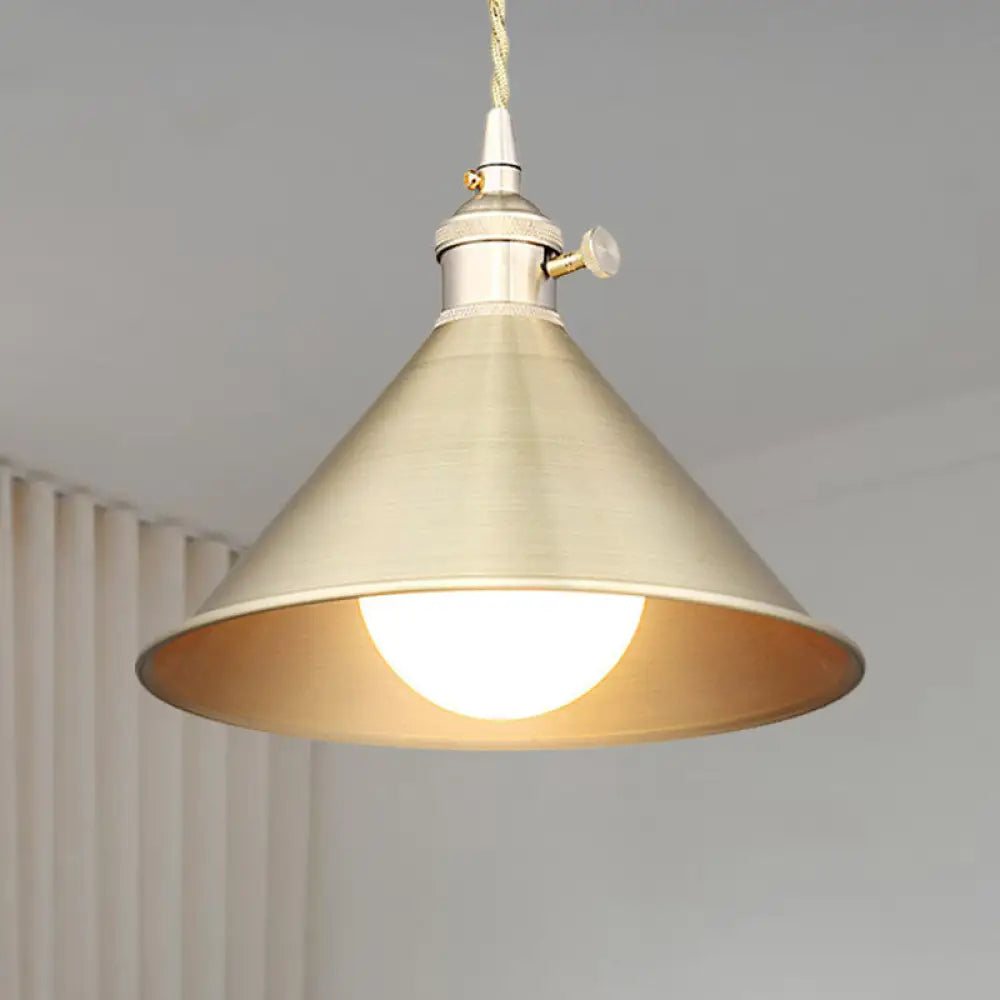 Mid Century Pendant Light Fixture With Metallic Brass Finish & Tapered Shade / A