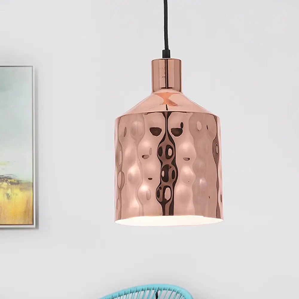 Mid Century Rose Gold Iron Pendant Light With Dimpled Cylindrical Shade