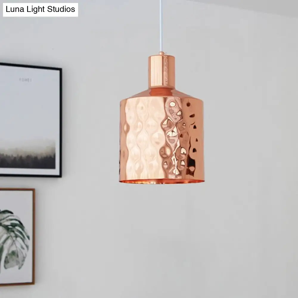 Mid Century Rose Gold Iron Pendant Light With Dimpled Cylindrical Shade