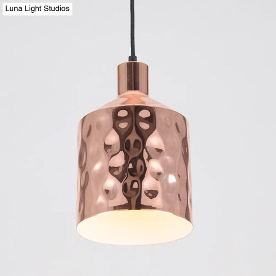 Mid Century Rose Gold Iron Pendant Light With Dimpled Cylindrical Shade