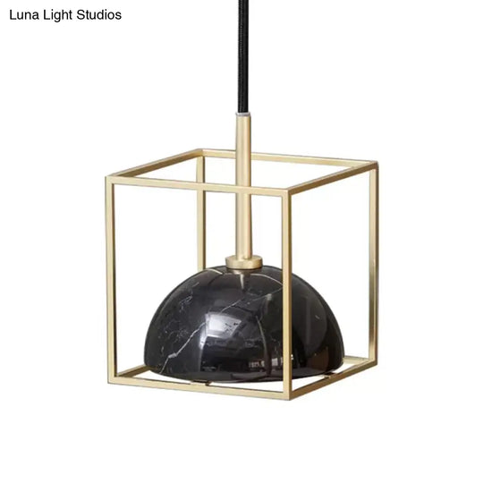 Mid Century Small Dome Hanging Light Kit - Marble 1-Head Pendant With Black/Green Ceiling & Gold