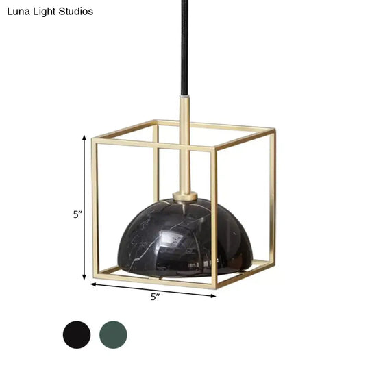 Mid Century Marble Dome Hanging Light Kit - Small Black/Green With Gold Wire Cage Guard