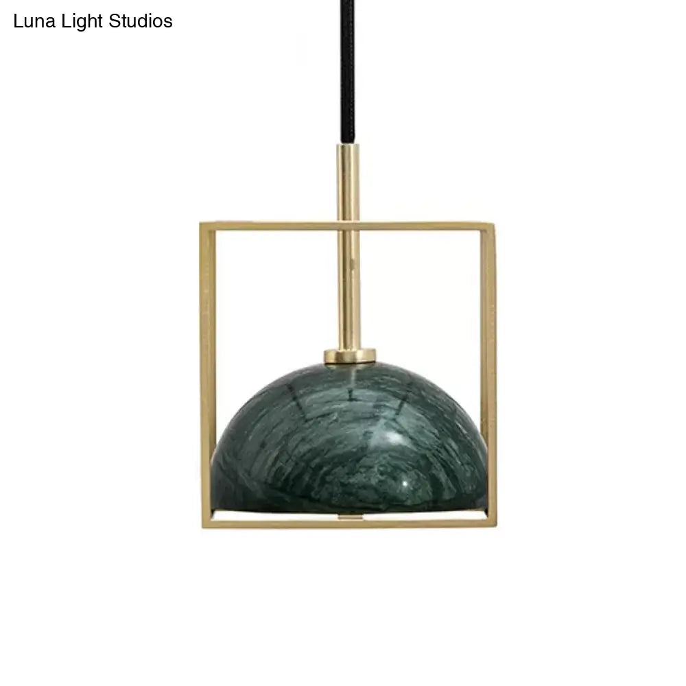 Mid Century Small Dome Hanging Light Kit - Marble 1-Head Pendant With Black/Green Ceiling & Gold