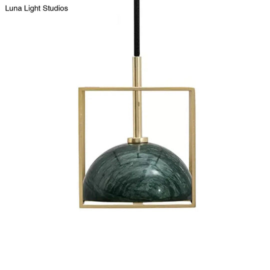 Mid Century Small Dome Hanging Light Kit - Marble 1-Head Pendant With Black/Green Ceiling & Gold