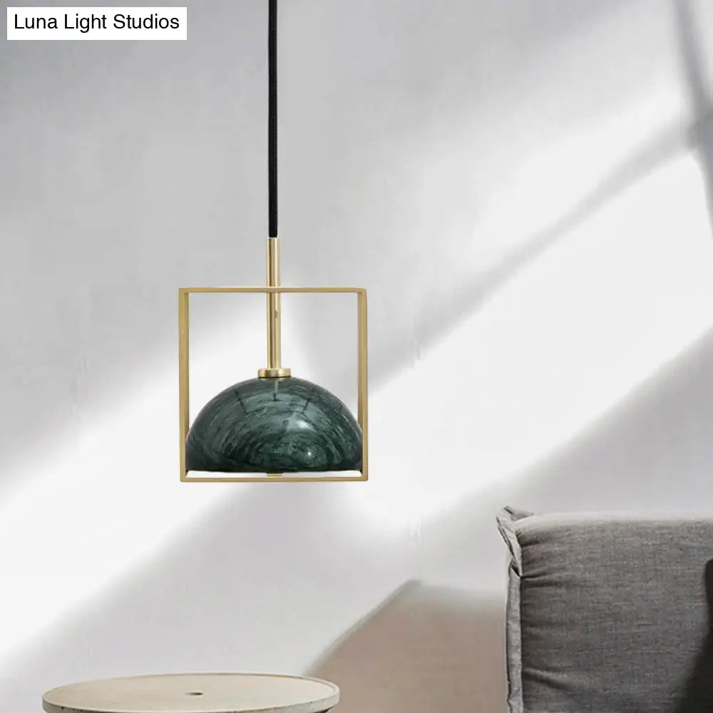 Mid Century Small Dome Hanging Light Kit - Marble 1-Head Pendant With Black/Green Ceiling & Gold