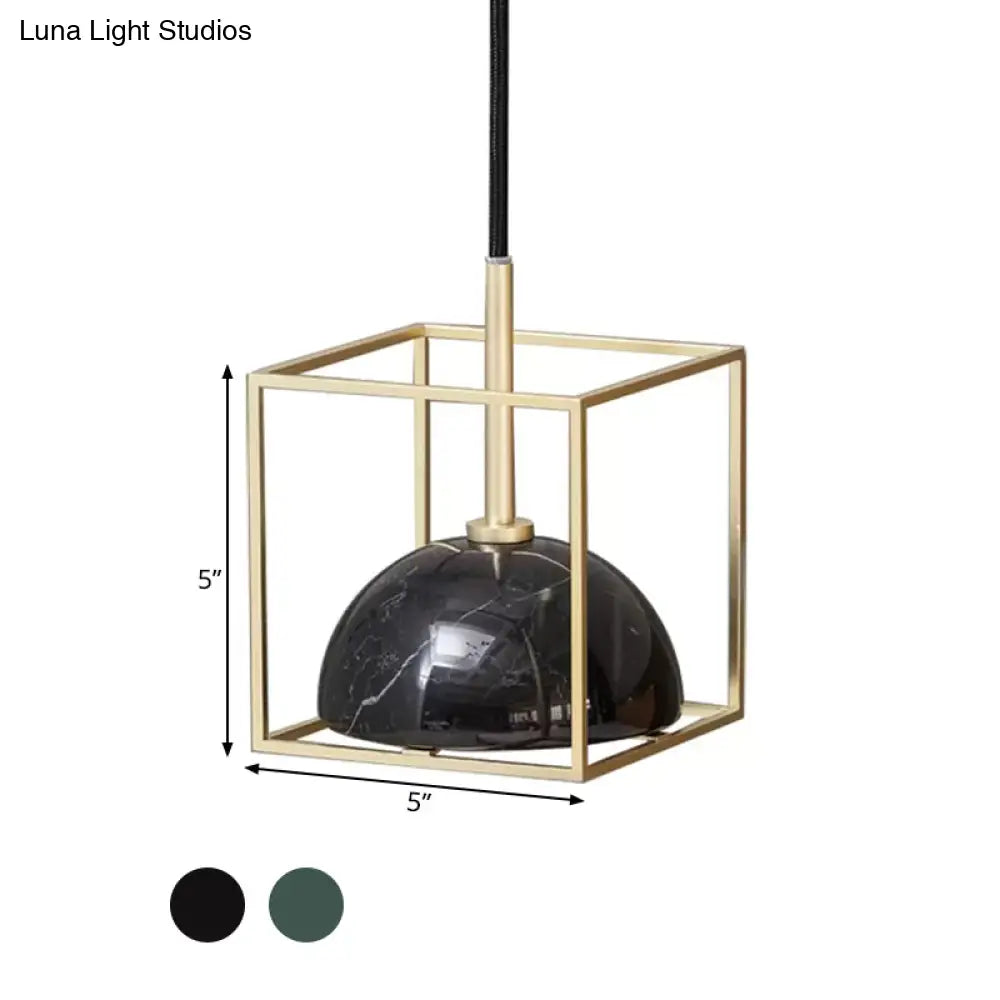 Mid Century Small Dome Hanging Light Kit - Marble 1-Head Pendant With Black/Green Ceiling & Gold