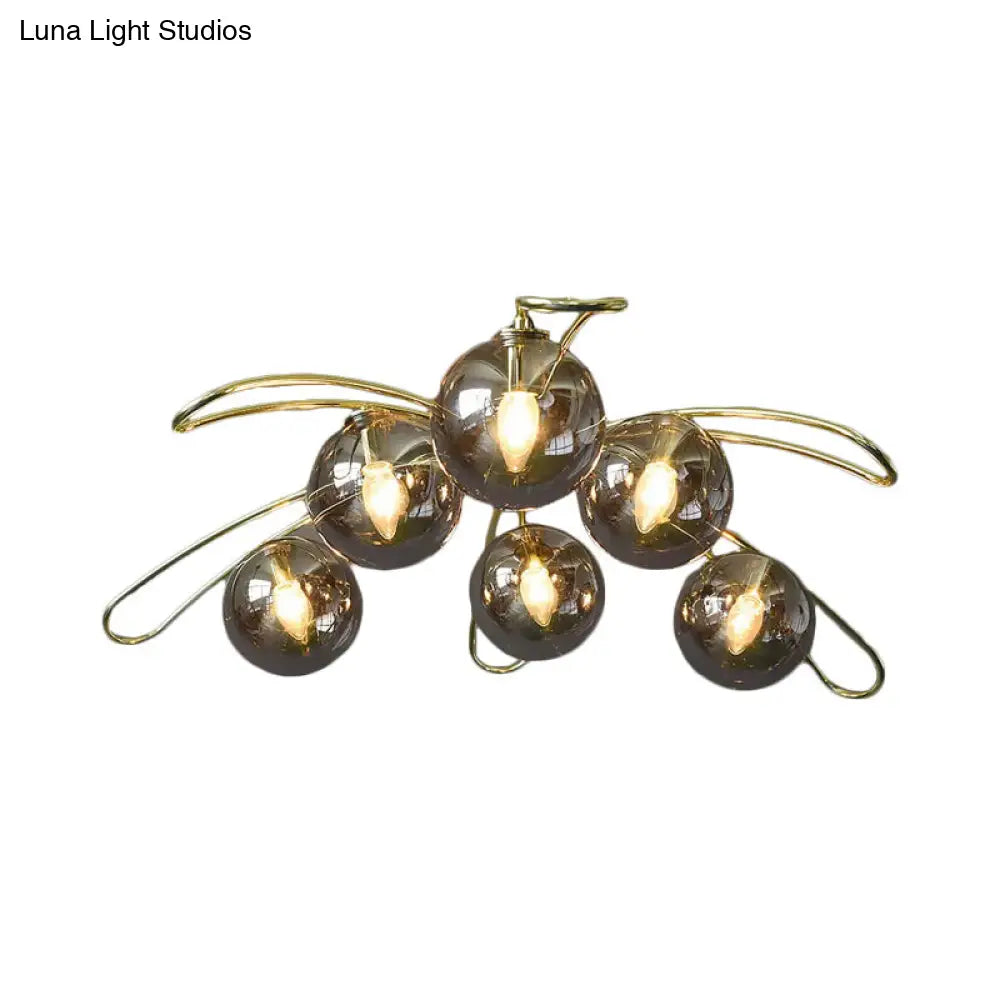 Mid Century Smoke Glass Ball Chandelier With Brass Branch Design And 6 Lights