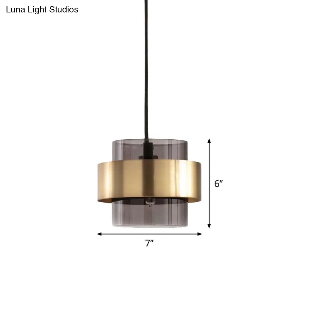 Mid Century Smoke Grey Glass Pillar Pendant Light With Gold Ring Guard - Single-Bulb Hanging