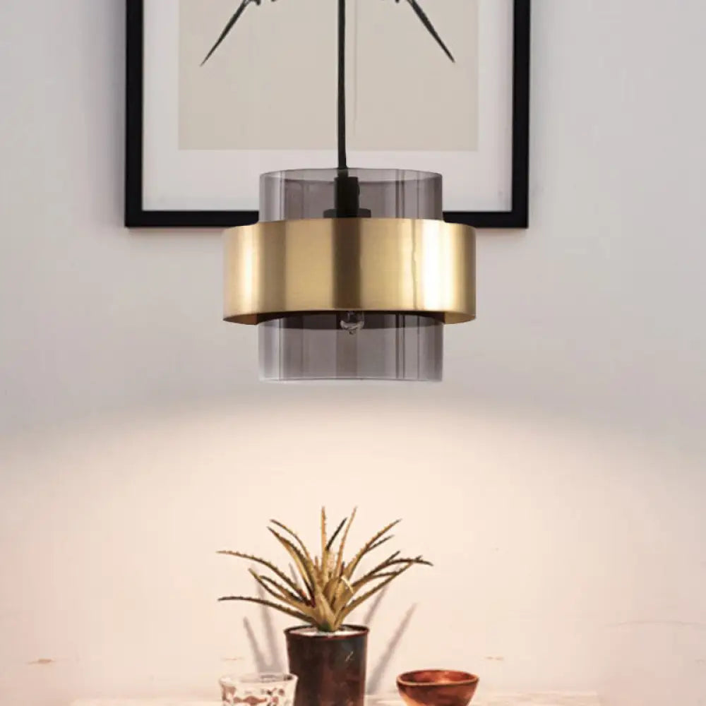 Mid Century Smoke Grey Glass Pillar Pendant Light With Gold Ring Guard - Single-Bulb Hanging