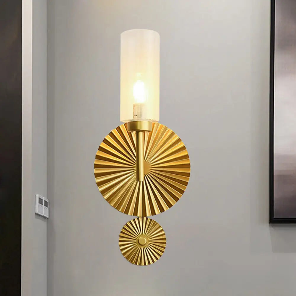 Mid Century Tubular Wall Sconce With Clear/Amber/Smoke Grey Glass And Brass Scalloped Backplate