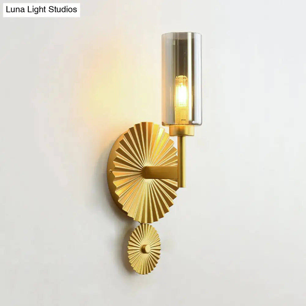 Mid Century Tubular Wall Sconce With Clear/Amber/Smoke Grey Glass And Brass Scalloped Backplate