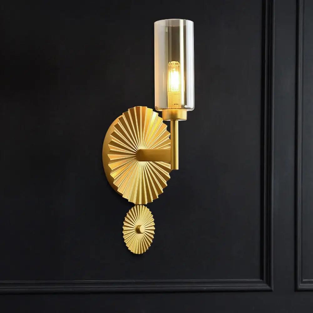 Mid Century Tubular Wall Sconce With Clear/Amber/Smoke Grey Glass And Brass Scalloped Backplate