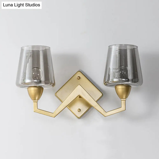 Mid-Century Wall Lamp With Truncated Cone Shade And Smoke/Clear Glass - Brass Sconce Light Fixture