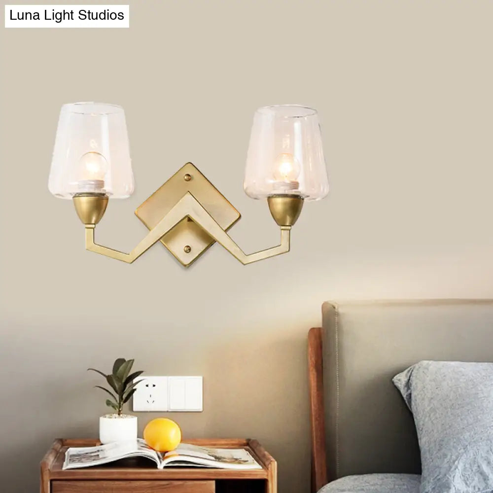 Mid-Century Wall Lamp With Truncated Cone Shade And Smoke/Clear Glass - Brass Sconce Light Fixture