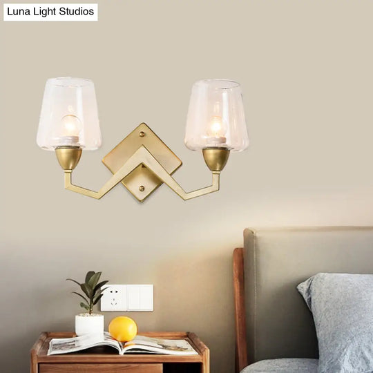 Mid-Century Wall Lamp With Truncated Cone Shade And Smoke/Clear Glass - Brass Sconce Light Fixture