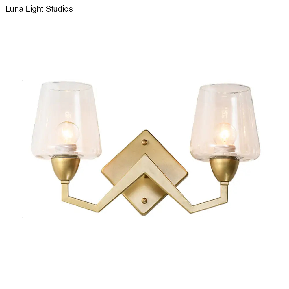 Mid-Century Wall Lamp With Truncated Cone Shade And Smoke/Clear Glass - Brass Sconce Light Fixture