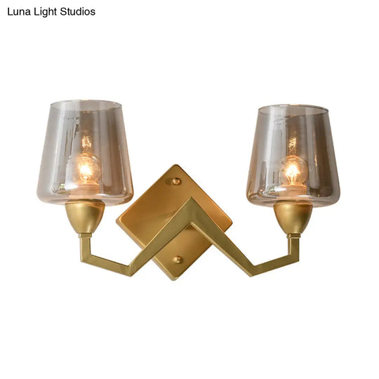 Mid-Century Wall Lamp With Truncated Cone Shade And Smoke/Clear Glass - Brass Sconce Light Fixture