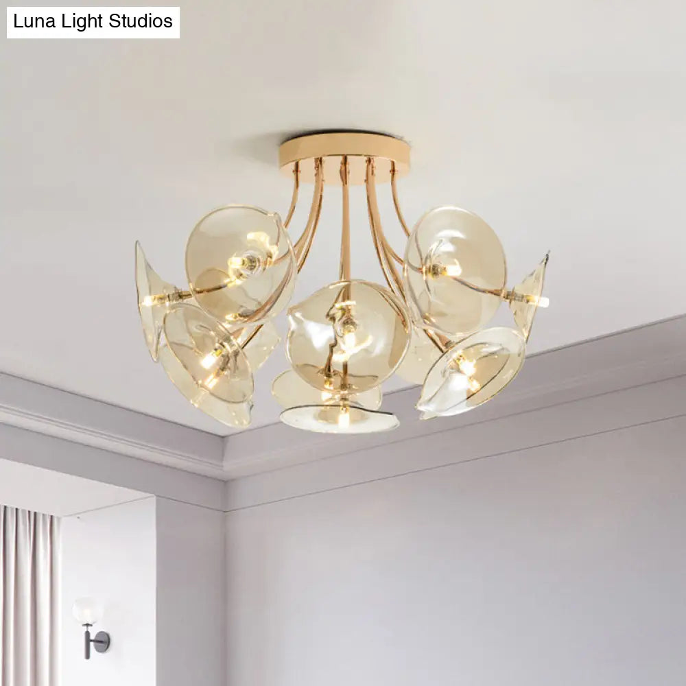 Mid-Century Wide Flare Amber Glass Semi Flush Light - Gold Finish Ceiling Fixture For Living Room