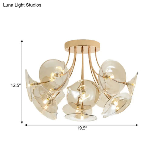Mid-Century Wide Flare Amber Glass Semi Flush Light - Gold Finish Ceiling Fixture For Living Room