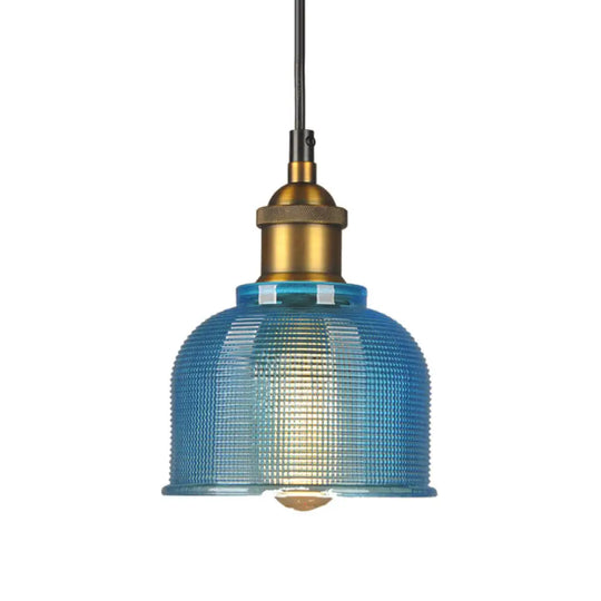 Mila - Retro Style Carillon Pendant Light 1-Light Red/Orange/Blue Gridded Glass Suspension Lighting