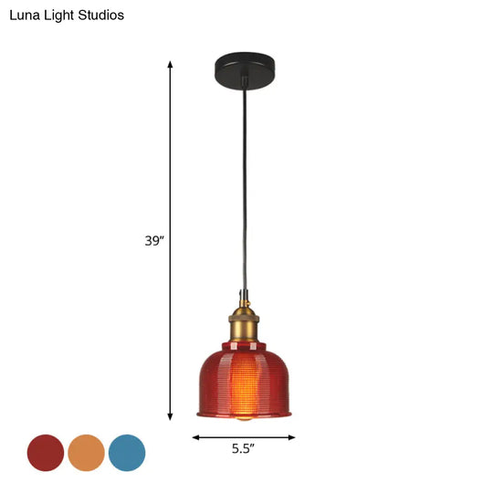 Mila - Retro Style Carillon Pendant Light 1-Light Red/Orange/Blue Gridded Glass Suspension Lighting