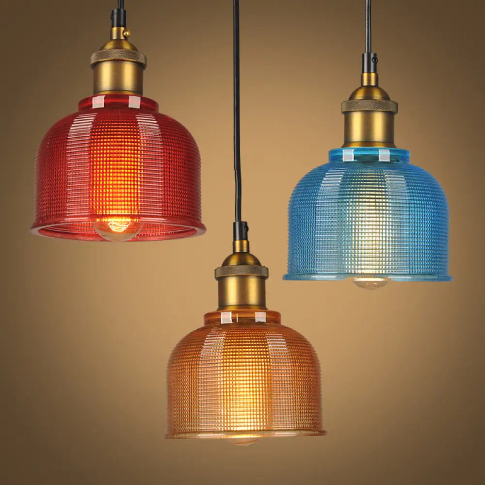 Mila - Retro Style Carillon Pendant Light 1-Light Red/Orange/Blue Gridded Glass Suspension Lighting