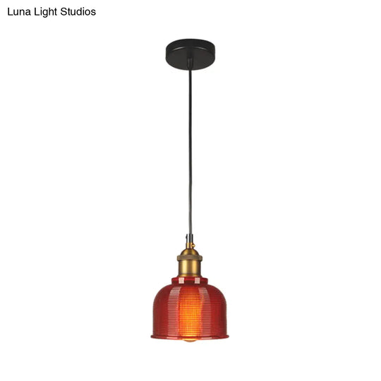 Mila - Retro Style Carillon Pendant Light 1-Light Red/Orange/Blue Gridded Glass Suspension Lighting